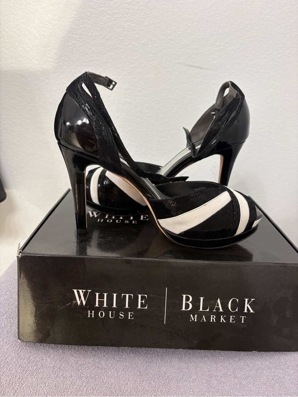 White House Black Market Black and White Striped Peep-Toe Stilettos